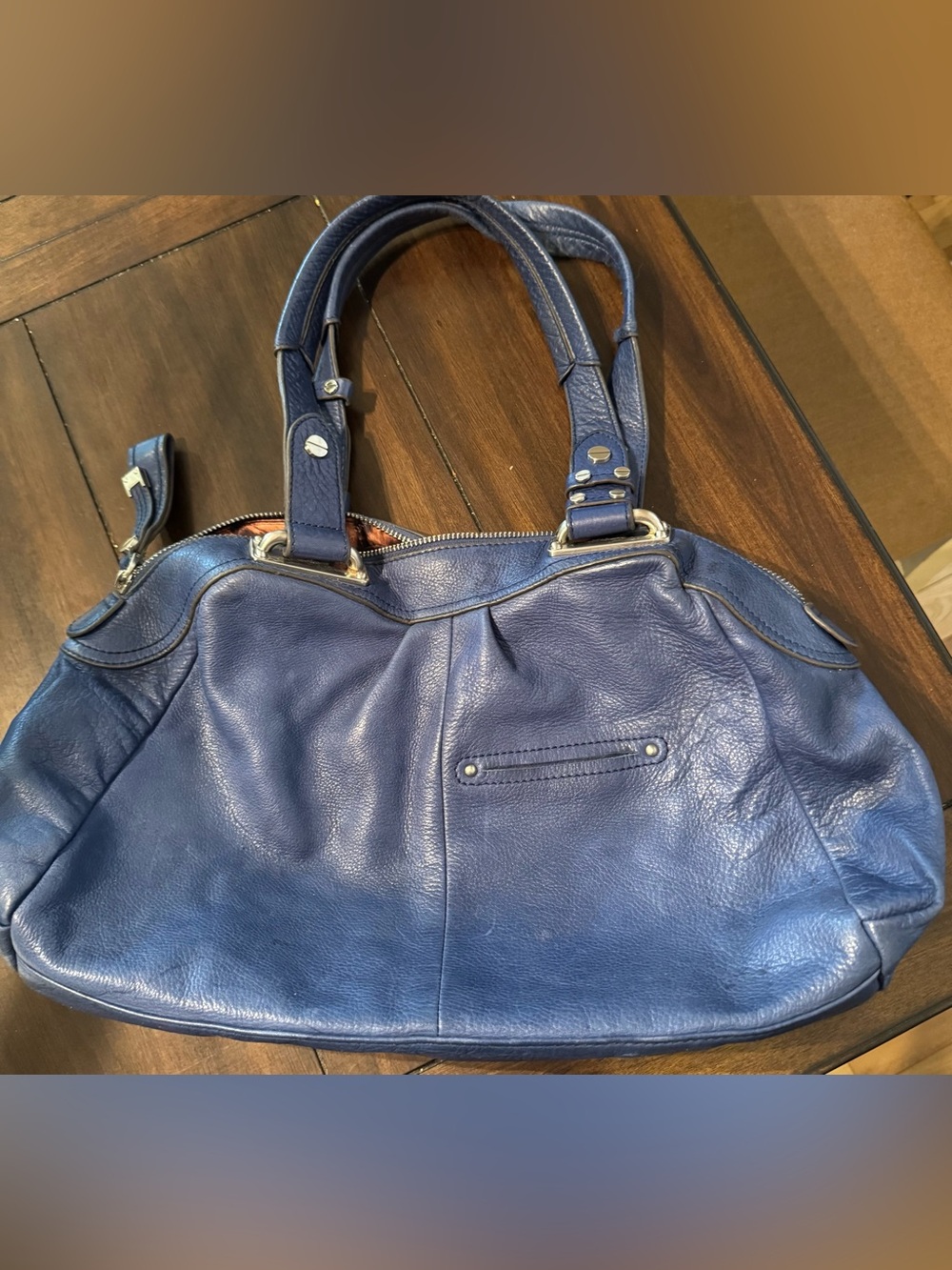 B. Makowsky Classic Navy Leather Shoulder Bag with Silver Hardware - Picture 4 of 5